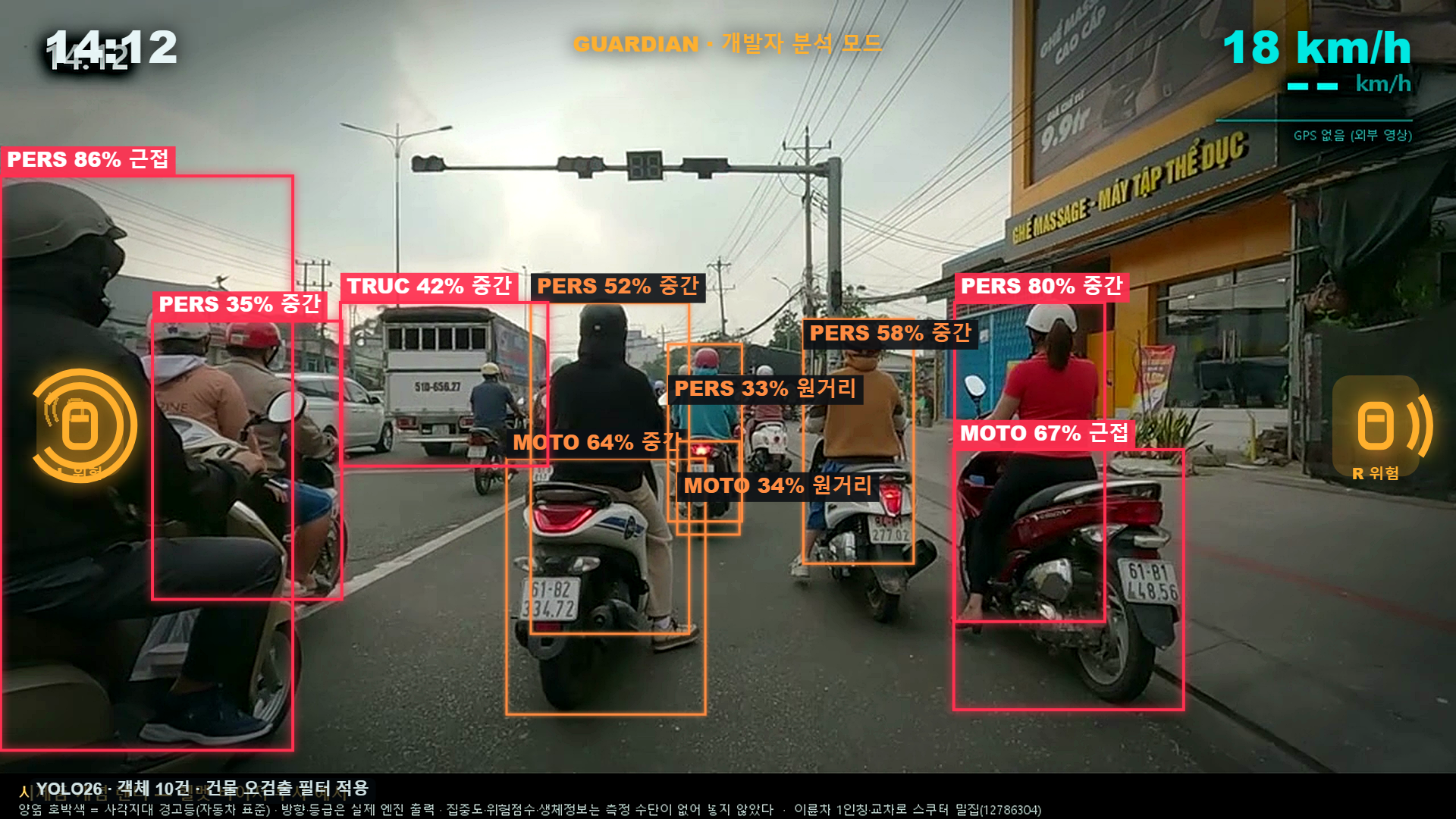 가디언 이륜차 HUD 실주행 분석 화면